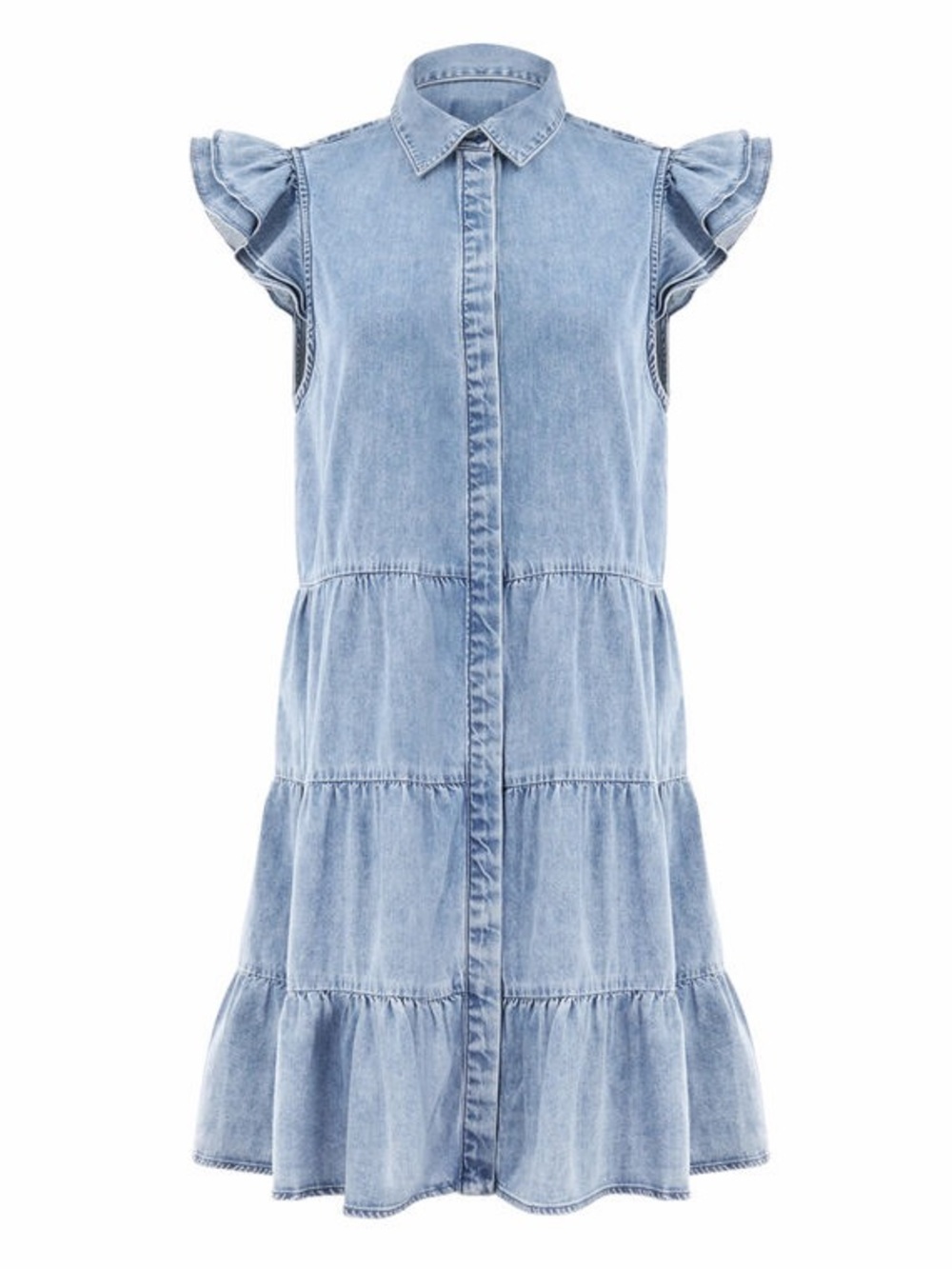 Alice + Olivia Light Blue Denim Button-Up Dress with Ruffle Cap Sleeves